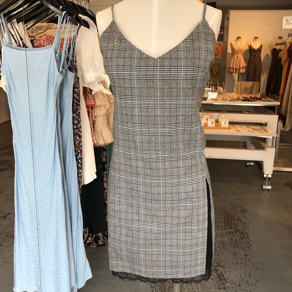 Plaid Spaghetti Strap Dress with Black Lace Slit